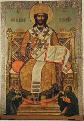 Христос Великий Архиерей, с припадающими преподобными Сергием Радонежским и Евфимием Суздальским